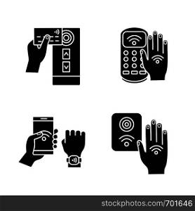 NFC technology glyph icons set. Near field credit card reader, payment terminal, bracelet, access control, hand sticker. Silhouette symbols. Vector isolated illustration. NFC technology glyph icons set