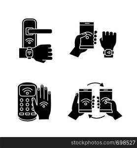 NFC technology glyph icons set. Near field door lock, bracelet, payment terminal, data transfer. Silhouette symbols. Vector isolated illustration. NFC technology glyph icons set