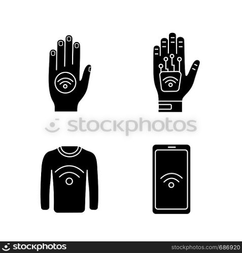 NFC technology glyph icons set. Near field hand sticker, implant, clothes, smartphone. Silhouette symbols. Vector isolated illustration. NFC technology glyph icons set