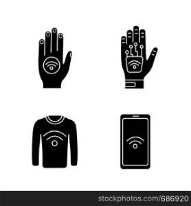 NFC technology glyph icons set. Near field hand sticker, implant, clothes, smartphone. Silhouette symbols. Vector isolated illustration. NFC technology glyph icons set
