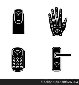 NFC technology glyph icons set. Near field manicure, hand implant, POS terminal, door lock. Silhouette symbols. Vector isolated illustration. NFC technology glyph icons set