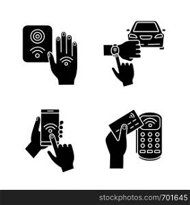 NFC technology glyph icons set. Near field smartphone, car and bracelet, payment terminal, reader. Silhouette symbols. Vector isolated illustration. NFC technology glyph icons set