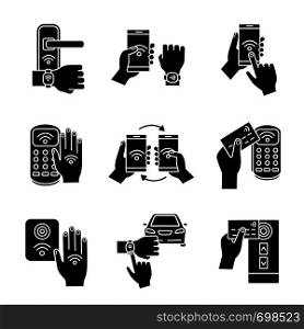 NFC technology glyph icons set. NFC bracelet, door lock, data transfer, smartphone, car. Near field communication. Contactless payment. Silhouette symbols. Vector isolated illustration. NFC technology glyph icons set