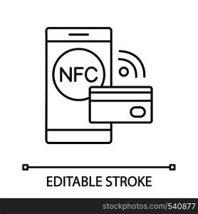 NFC technology linear icon. Near field communication. Thin line illustration. Contactless payment. Cashless smartphone payment. Contour symbol. Vector isolated outline drawing. Editable stroke. NFC technology linear icon