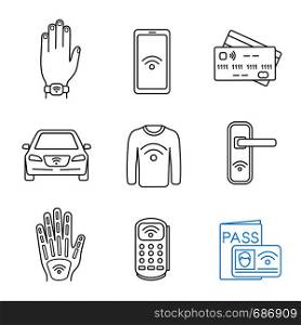 NFC technology linear icons set. Near field bracelet, smartphone, credit card, car, clothes, door lock, hand implant, POS terminal identification system. Isolated vector illustrations. Editable stroke. NFC technology linear icons set