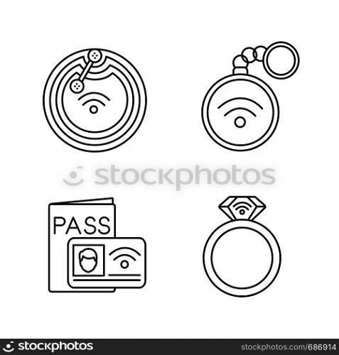 NFC technology linear icons set. Near field chip, trinket, identification system, ring. Thin line contour symbols. Isolated vector outline illustrations. Editable stroke. NFC technology linear icons set