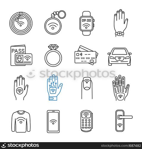 NFC technology linear icons set. Near field communication. RFID and nfc tag, sticker, phone, trinket, ring, implant. Thin line contour symbols. Isolated vector outline illustrations. Editable stroke. NFC technology linear icons set