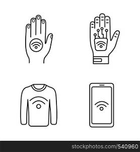 NFC technology linear icons set. Near field hand sticker, implant, clothes, smartphone. Thin line contour symbols. Isolated vector outline illustrations. Editable stroke. NFC technology linear icons set