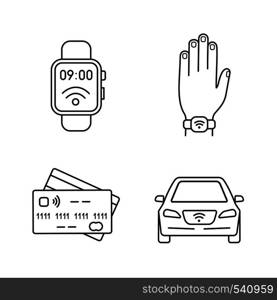 NFC technology linear icons set. Near field smartwatch, bracelet, credit cards, car. Thin line contour symbols. Isolated vector outline illustrations. Editable stroke. NFC technology linear icons set