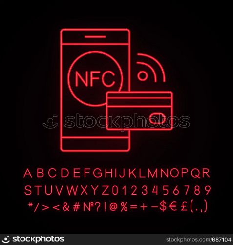 NFC technology neon light icon. Near field communication. Contactless payment. Cashless smartphone payment. Glowing sign with alphabet, numbers and symbols. Vector isolated illustration. NFC technology neon light icon
