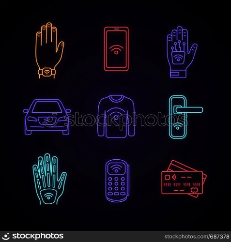 NFC technology neon light icons set. Near field bracelet, smartphone, hand implant, car, clothes, door lock, POS terminal, credit card. Glowing signs. Vector isolated illustrations. NFC technology neon light icons set