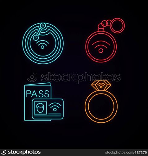 NFC technology neon light icons set. Near field chip, trinket, identification system, ring. Glowing signs. Vector isolated illustrations. NFC technology neon light icons set