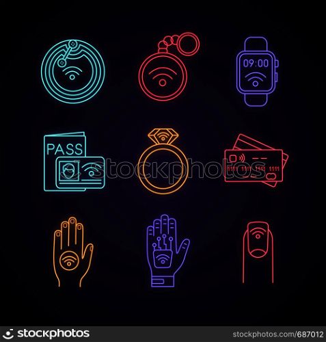 NFC technology neon light icons set. Near field chip, trinket, smartwatch, identification system, ring, credit card, sticker, hand implant, manicure. Glowing signs. Vector isolated illustrations. NFC technology neon light icons set