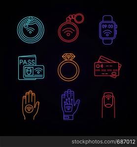 NFC technology neon light icons set. Near field chip, trinket, smartwatch, identification system, ring, credit card, sticker, hand implant, manicure. Glowing signs. Vector isolated illustrations. NFC technology neon light icons set