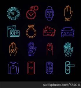 NFC technology neon light icons set. Near field communication. RFID and nfc tag, sticker, phone, trinket, ring, implant. Contactless technology. Glowing signs. Vector isolated illustrations. NFC technology neon light icons set