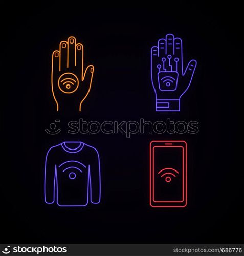 NFC technology neon light icons set. Near field hand sticker, implant, clothes, smartphone. Glowing signs. Vector isolated illustrations. NFC technology neon light icons set
