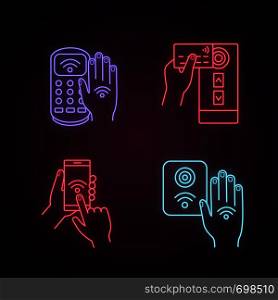 NFC technology neon light icons set. Near field payment terminal, hand sticker, credit card reader, smartphone, access control. Glowing signs. Vector isolated illustrations. NFC technology neon light icons set