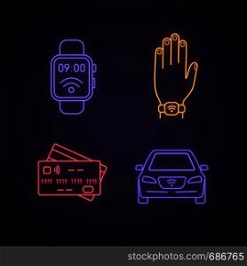 NFC technology neon light icons set. Near field smartwatch, bracelet, credit cards, car. Glowing signs. Vector isolated illustrations. NFC technology neon light icons set