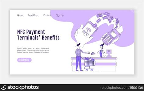 NFC terminal landing page flat silhouette vector template. Mobile pay homepage layout. Cashless system one page website interface with cartoon outline character. Money transfer web banner, webpage