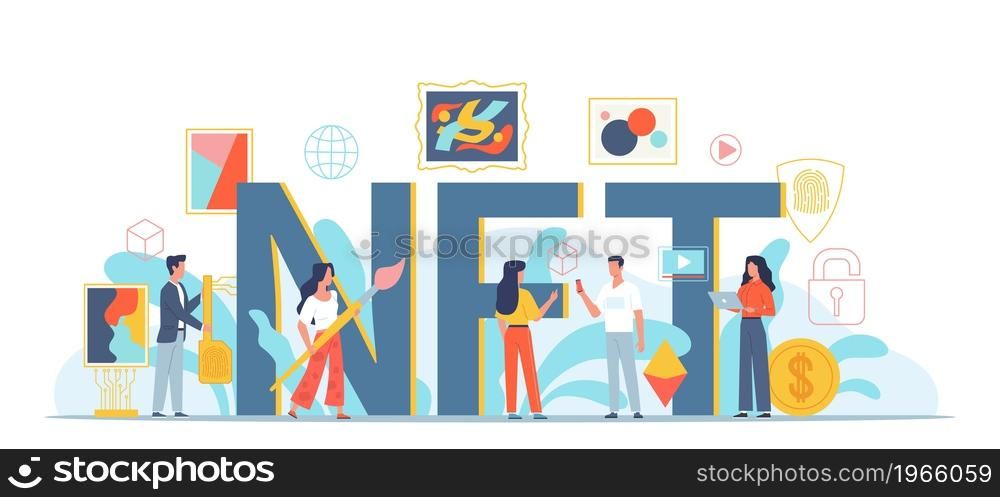 Nft art people. Non fungible tokens artists, innovation crypto culture, purchase unique digital asset, currency marketplace, horizontal banner with huge letters and tiny people vector isolated concept. Nft art people. Non fungible tokens artists, innovation crypto culture, purchase unique digital asset, currency marketplace, horizontal banner huge letters and tiny people vector concept
