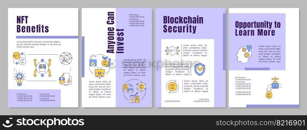 NFT benefits purple brochure template. Crypto advantages. Leaflet design with linear icons. Editable 4 vector layouts for presentation, annual reports. Anton, Lato-Regular fonts used. NFT benefits purple brochure template