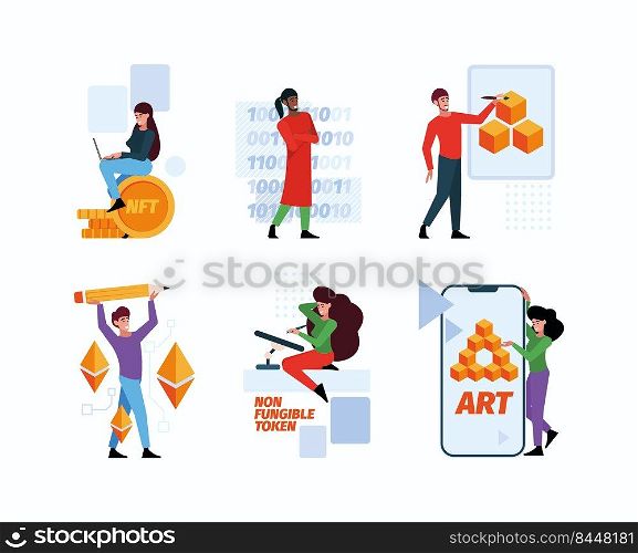 Nft. Crypto art digital investment technology pixel paintings video creative artistic gallery from blockchain marketplace garish vector flat concept illustrations. Nft digital, fungible technology. Nft. Crypto art digital investment technology pixel paintings video creative artistic gallery from blockchain marketplace garish vector flat concept illustrations