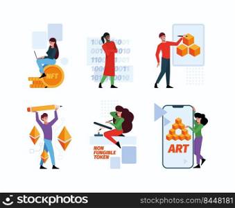 Nft. Crypto art digital investment technology pixel paintings video creative artistic gallery from blockchain marketplace garish vector flat concept illustrations. Nft digital, fungible technology. Nft. Crypto art digital investment technology pixel paintings video creative artistic gallery from blockchain marketplace garish vector flat concept illustrations