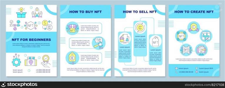 NFT for beginners blue brochure template. Crypto art business. Leaflet design with linear icons. Editable 4 vector layouts for presentation, annual reports. Arial-Black, Myriad Pro-Regular fonts used. NFT for beginners blue brochure template