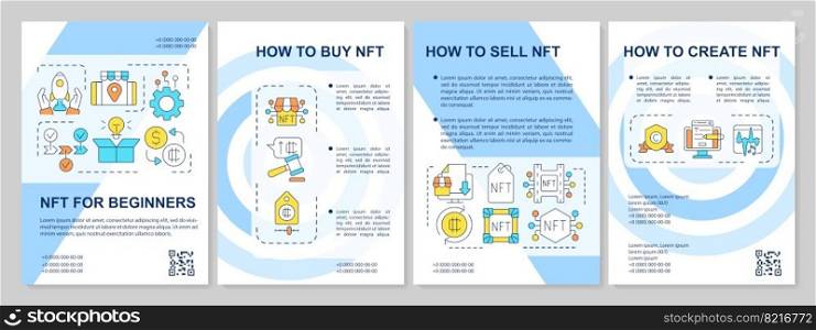 NFT guide for beginners blue brochure template. Crypto art. Leaflet design with linear icons. Editable 4 vector layouts for presentation, annual reports. Arial, Myriad Pro-Regular fonts used. NFT guide for beginners blue brochure template