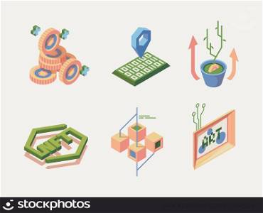Nft icon. Electronic arts security innovation system safety your personal creative works paints art content garish vector isometric illustrations. Security innovation, crypto nft art. Nft icon. Electronic arts security innovation system safety your personal creative works paints art content garish vector isometric illustrations