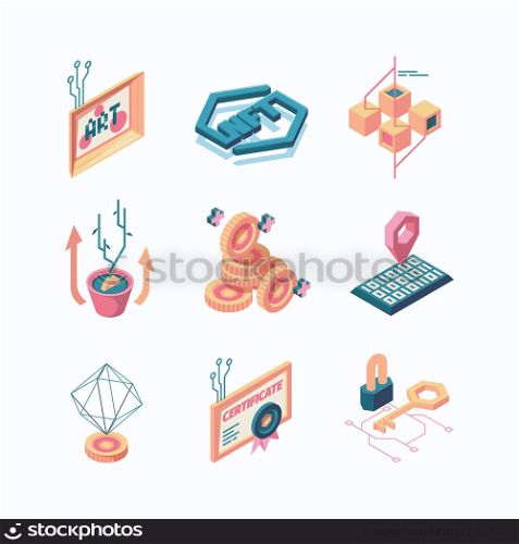 Nft. Innovation secure digital safety systems crypto art electronic paints garish vector illustrations in isometric style. Coin pay and blockchain, decentralized and collectibles. Nft. Innovation secure digital safety systems crypto art electronic paints garish vector illustrations in isometric style
