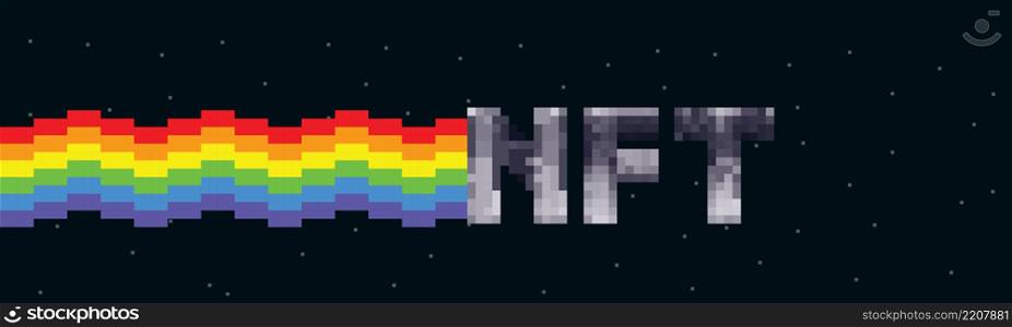 NFT lettering and rainbow vector meme. Colorful 8-bit pixel graphics. Crypto art. Cryptography vector wallpaper. Panorama flat digital vector illustration