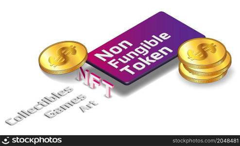 NFT non fungible token and gold coins of dollars on cellphone. Isometric concept of earning dollars USD on NFT market with mobile phone. Pay for unique collectibles in games or art. Design element.. NFT non fungible token and gold coins of dollars on cellphone. Isometric concept of earning dollars USD on NFT market with mobile phone. Pay for unique collectibles in games or art.