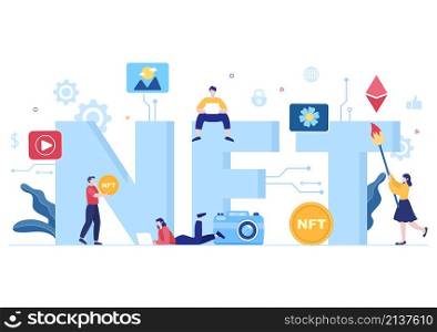 NFT Non Fungible Token Crypto Art of Converting Into Digital Network with Coin Servers for Banner or Poster in Flat Background Illustration