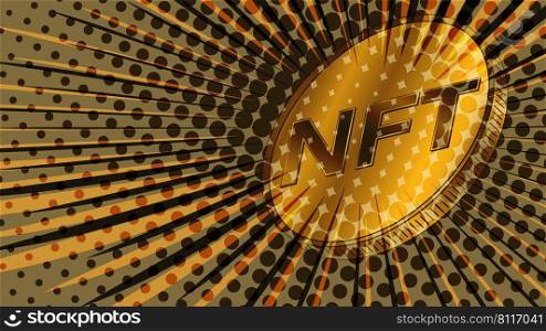 NFT non fungible token golden coin styled for the 80s retro. Pay for unique collectibles in games or art. Colorful header or banner. Vector illustration.. NFT non fungible token golden coin styled for the 80s retro. Pay for unique collectibles in games or art. Colorful header or banner.