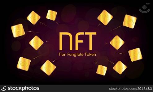NFT non fungible token infographics with golden unique tokens on dark background. Pay for unique collectibles in games or art. Vector illustration.. NFT non fungible token infographics with golden unique tokens on dark background. Pay for unique collectibles in games or art.