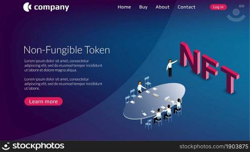 NFT non fungible token website template with board of directors and isometric text on blue background. The new class of coins is used to pay for unique collectibles in games or art.