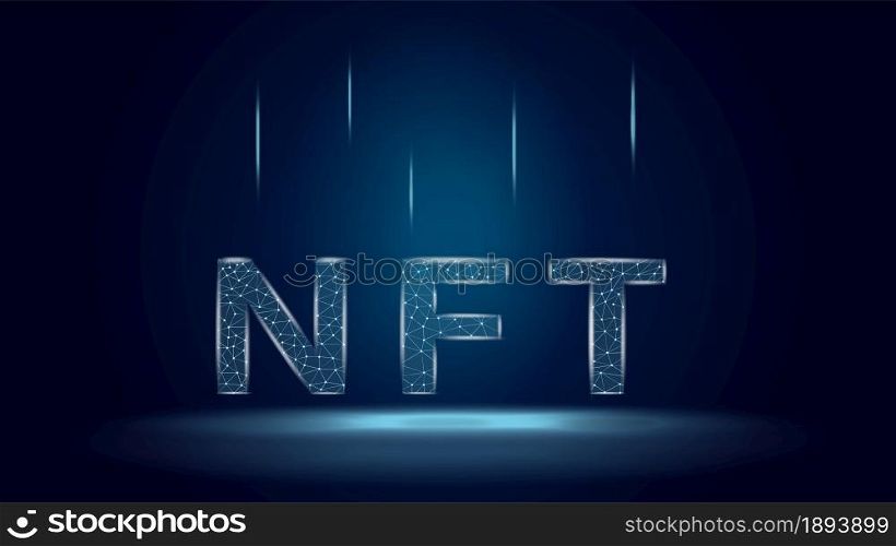 NFT non fungible tokens in polygonal wireframe style on dark blue background. Pay for unique collectibles in games or art. Vector illustration.