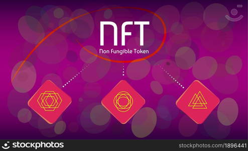 NFT non fungible tokens infographics on purple abstract background. Pay for unique collectibles in games or art. Vector illustration.