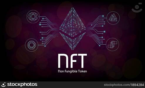 NFT non fungible tokens infographics with pcb tracks and different tokens on dark background. Pay for unique collectibles in games or art. Vector illustration.