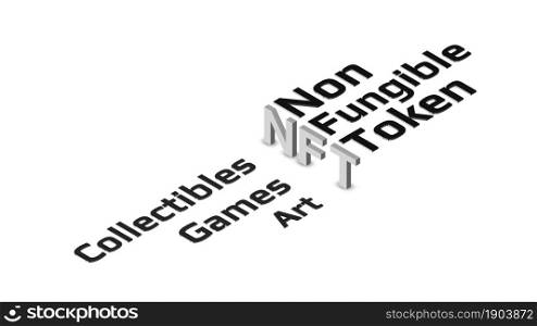 NFT nonfungible token isometric text on light background. New class of coins. Pay for unique collectibles in games or art. Design element. Vector illustration.