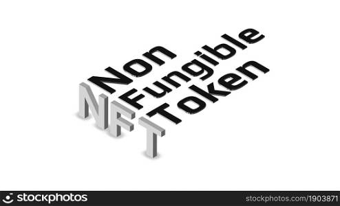 NFT nonfungible token isometric text on white background. Pay for unique collectibles in games or art. Design element. Vector illustration.
