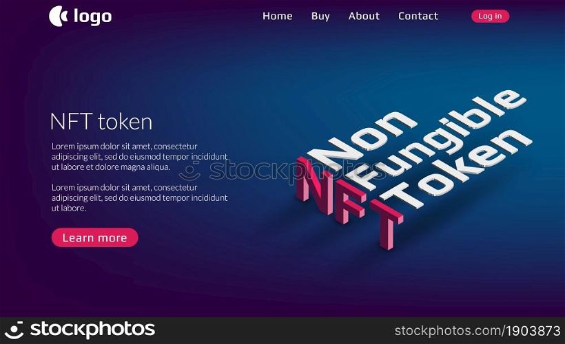 NFT nonfungible token website template with isometric text on blue background. New class of coins. Pay for unique collectibles in games or art. Vector illustration.