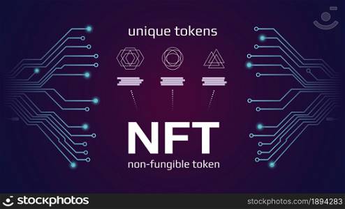 NFT nonfungible tokens infographics with pcb tracks on dark background. Pay for unique collectibles in games or art. Vector illustration.