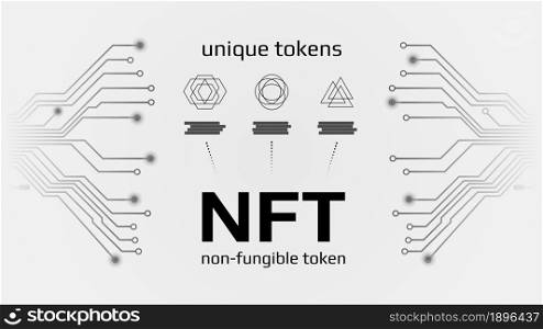NFT nonfungible tokens infographics with pcb tracks on white background. Pay for unique collectibles in games or art. Vector illustration.
