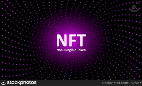 NFT nonfungible tokens text in the center of spiral of glowing dots on dark background. Pay for unique collectibles in games or art. For banner or news. Vector illustration.