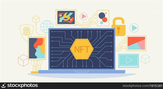 NFT online marketplace. Laptop with non-fungible token currency blockchain. Unique digital art. Computer screen and network technology for virtual trade. Crypto store. Internet deal. Vector concept. NFT online marketplace. Laptop with non-fungible token currency blockchain. Unique art. Computer and network technology for virtual trade. Crypto store. Internet deal. Vector concept