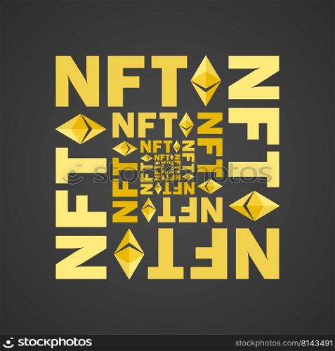 NFT token in crypto artwork. Banner Non-fungible token. NFT  non fungible token in blockchain technology in digital crypto art. ERC20 cryptocurrency and art in cartoon  style