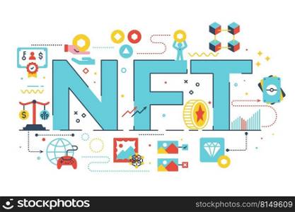 NFT word lettering illustration with icons for web banner, flyer, landing page, presentation, book cover, article, etc.. NFT word illustration