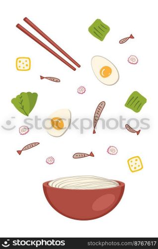 Niboshi asian ramen soup ingredients falling into a bowl of noodles. Perfect for tee, stickers, menu and stationery. Vector illustration for decor and design.